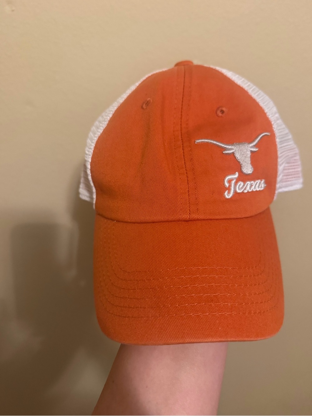 Women's Burnt Orange and White Trucker Hat with Embroidered Longhorn